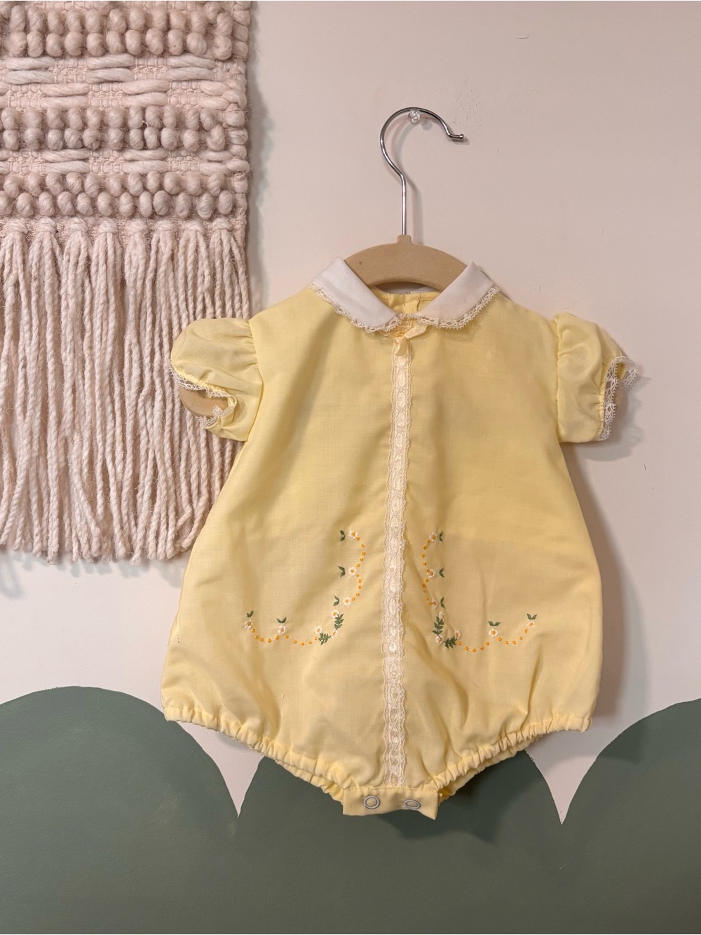 Vintage Yellow Baby One-Piece with White Peter Pan Collar w/ embroidered flowers